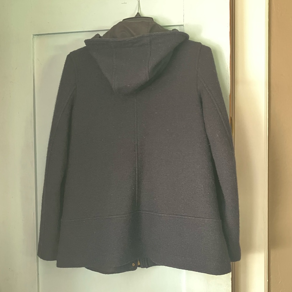 Zara Basic Navy Textured Hooded Coat with Gold-Tone Accents - Picture 4 of 7